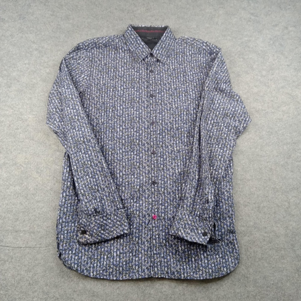 Ted Baker Shirt Mens 15.5 Blue Floral 100% Cotton Dress Button Front Long Sleeve